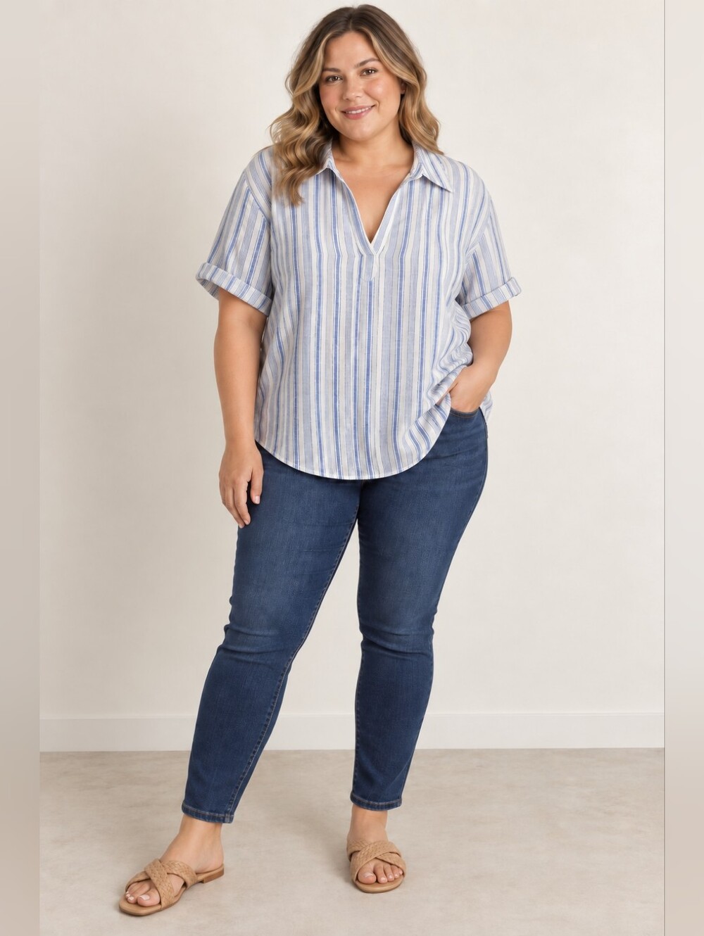 NWT Universal Thread 1X Blue White Striped Popover Blouse
